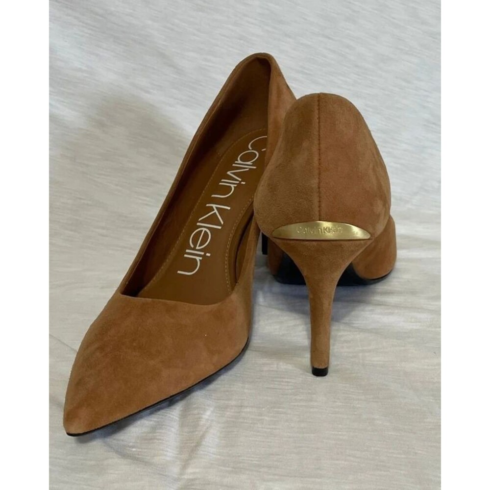 Calvin Klein Gayle Tan Suede Pointed Toe Pumps Size 8.5 Camel Leather Heels